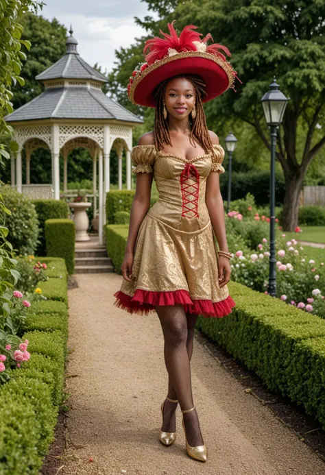 masterpiece, reality, 4k, (medium full shot) of (tantalizing harlot) young woman, south african, dark skin, hazel eyes, Average build, short red dreadlocks hair, wearing a gold polonaise dress, fishnet stockings, high-heeled shoes, diamond earrings, kohl-lined eyes, feathered hat, set in the 18th century, in garden, beautifully manicured with hedges and flower beds, a gravel path leading to a gazebo, the gentle hum of insects, lanterns hanging from branches illuminating the way , woman smiling