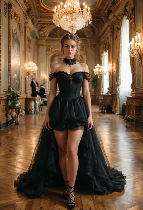 (medium full shot) of (glamorous harlot) young woman, american, tan skin, hazel eyes, Medium build, short brown french braid hair, wearing a black flowing gown, fishnet stockings, buckled shoes, cameo brooch, red lips, lace choker, set in the 18th century, in  grand Ballroom, filled with chandeliers, large mirrors reflecting the light, elegantly dressed couples dancing, a live orchestra playing classical music, intricate parquet flooring, woman smiling, ,Masterpiece,best quality, photo, realistic, very aesthetic, detailed face,