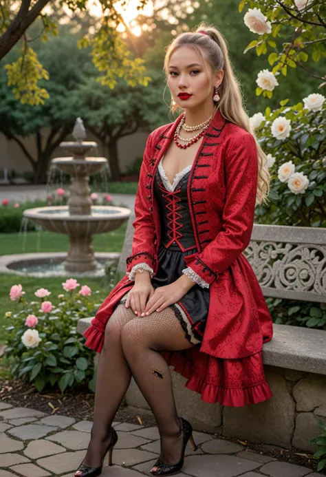 masterpiece, reality, 4k, (medium full shot) of (alluring harlot) young woman, native american, tan skin, light brown eyes, petite build, long blonde ponytail hair, wearing a red brocade jacket, ruffled skirt, fishnet stockings, embroidered heels, pearl necklace, red lips, embroidered shawl, set in the 18th century, in secluded garden, moonlight casting a soft glow on the flowers, a stone bench under a blooming tree, the sound of a nearby fountain, the scent of roses in the air , during twilight, woman smiling