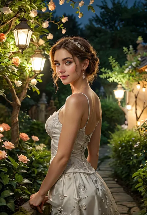 (medium full shot) of (coquettish harlot) young woman, persian, tan skin, olive green eyes, slim build, short ginger updo hair, wearing a silver satin top, lace skirt, fishnet stockings, heeled slippers, diamond earrings, beauty mark, ornate hairpin, set in the 18th century, in  garden, beautifully manicured with hedges and flower beds, a gravel path leading to a gazebo, the gentle hum of insects, lanterns hanging from branches illuminating the way , at night, woman smiling, ,Masterpiece,best quality, photo, realistic, very aesthetic, detailed face,