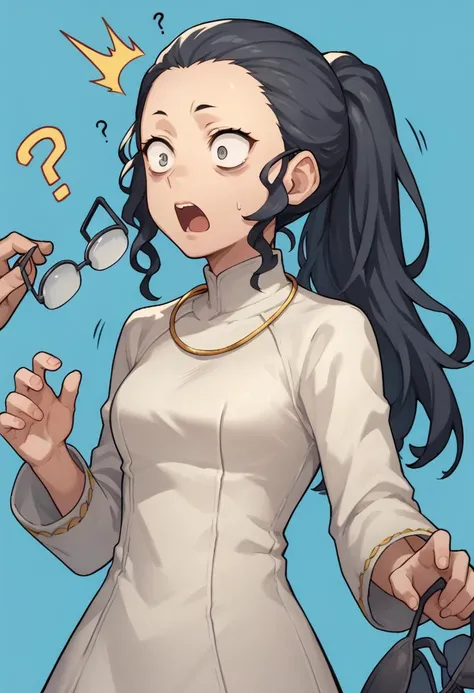 score_9, score_8_up, score_7_up, source_anime, 1girl, open mouth, surprised, !?, constricted pupils, <lora:zs_MayoidoXL:1> mayoidop3, long hair, ponytail, black hair, holding removed eyewear, dress, necklace, blue background