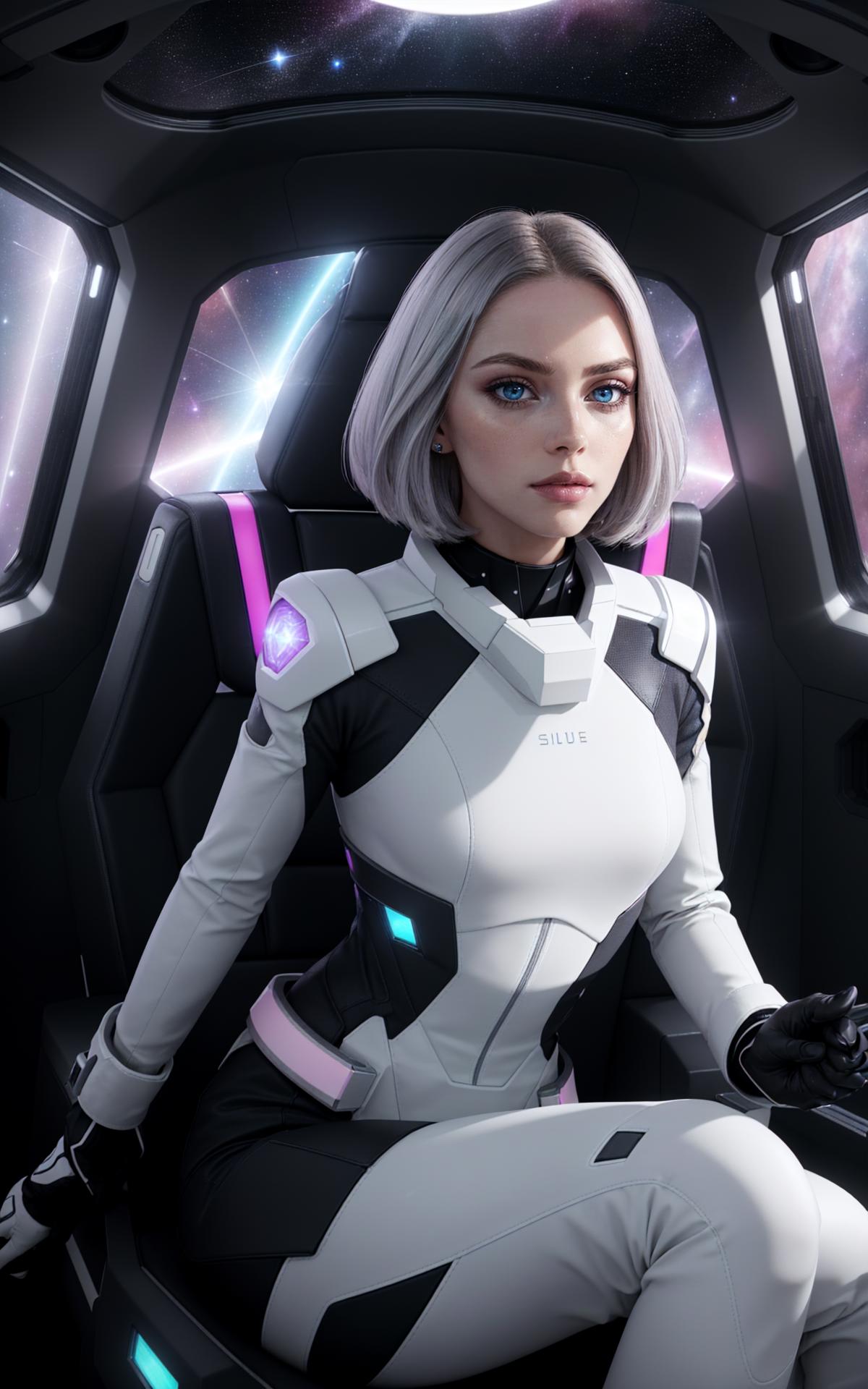 White A woman in a futuristic suit sitting in a car - SeaArt AI