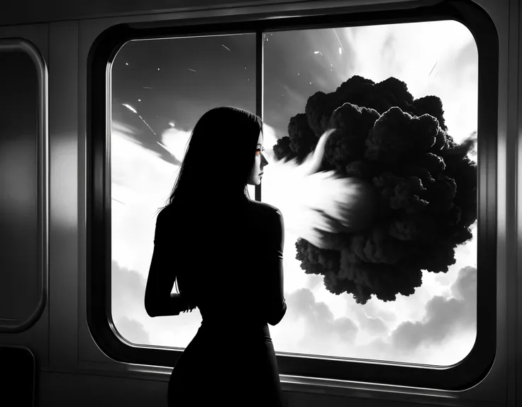 three cornered window, back of head shot of (woman looking out of triangle window:1.1), 3rd person, Looking out the triangular window of a (train:1.1) with triangular windows, triangular windows and triangular, wheels,  in a fantasy world, 
psychedelic, geometric, vivid light, high contrast, triadic colors, dark shadows,  explosions, nuclear mushroom cloud, nuclear explosion, dystopian nightmare, 
(beautiful composition),
21 yo woman,