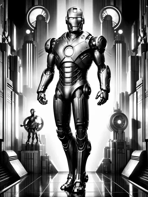 (ironman:1.2) fullbody, futuristic, art deco, expressionist, 1920s, black and white, <lora:Metropolis__Style_SDXL:1> mad-ropolis-moviera:EnvyBetterHiresFixXL01:1>, (masterpiece:1.2), best quality, (hyperdetailed, highest detailed:1.2), high resolution textures