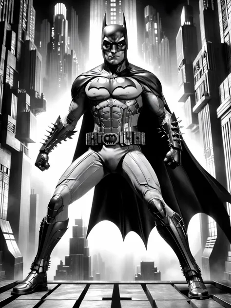 (batman:1.2) fullbody, dynamic action pose, futuristic, art deco, expressionist, 1920s, black and white, <lora:Metropolis__Style_SDXL:1> mad-ropolis-moviera:EnvyBetterHiresFixXL01:1>, (masterpiece:1.2), best quality, (hyperdetailed, highest detailed:1.2), high resolution textures