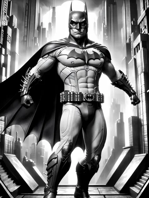 (batman:1.2) fullbody, dynamic action pose, futuristic, art deco, expressionist, 1920s, black and white, <lora:Metropolis__Style_SDXL:1> mad-ropolis-moviera:EnvyBetterHiresFixXL01:1>, (masterpiece:1.2), best quality, (hyperdetailed, highest detailed:1.2), high resolution textures