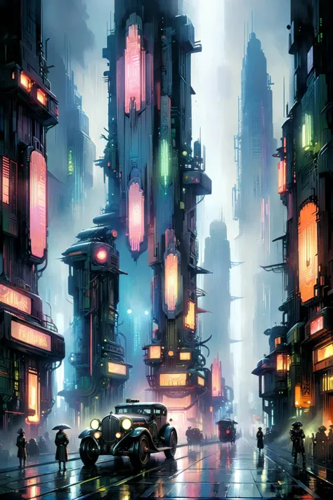 cyberpunk, scene, futuristic, art deco, expressionist, 1920s, fog, rain, neon lights <lora:Metropolis__Style_SDXL:0.6> mad-ropolis-moviea:John Berkey Style:1> John Berkey Style page <lora:xl_more_art-full_v1:1> <lora:Retro_Illustration:1> 2d game scene, oil and watercolor painting, <lora:EnvyBetterHiresFixXL01:1>, (masterpiece:1.2), best quality, (hyperdetailed, highest detailed:1.2), high resolution textures