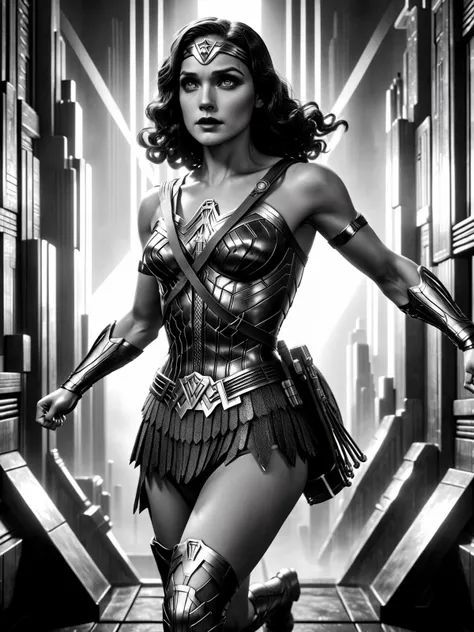 (wonderwoman:1.2) fullbody, dynamic action pose, futuristic, art deco, expressionist, 1920s, black and white, <lora:Metropolis__Style_SDXL:1> mad-ropolis-moviera:EnvyBetterHiresFixXL01:1>, (masterpiece:1.2), best quality, (hyperdetailed, highest detailed:1.2), high resolution textures
