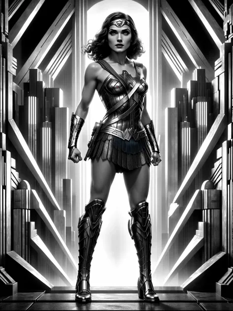 (wonderwoman:1.2) fullbody, dynamic action pose, futuristic, art deco, expressionist, 1920s, black and white, <lora:Metropolis__Style_SDXL:1> mad-ropolis-moviera:EnvyBetterHiresFixXL01:1>, (masterpiece:1.2), best quality, (hyperdetailed, highest detailed:1.2), high resolution textures