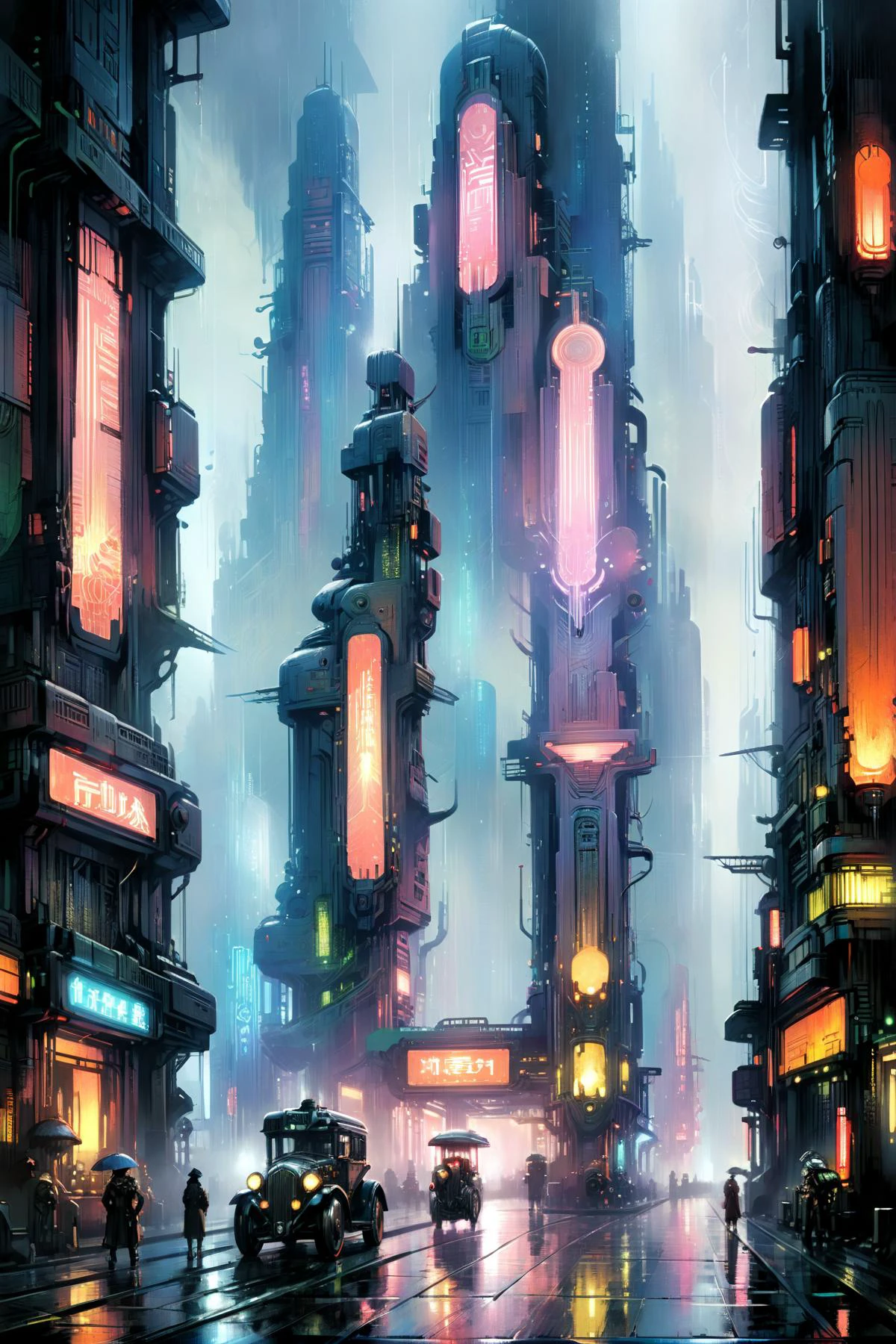 cyberpunk, scene, futuristic, art deco, expressionist, 1920s, fog, rain, neon lights <lora:Metropolis_Movie_Style_SDXL:0.6> mad-ropolis-movie <lora:John Berkey Style:1> John Berkey Style page <lora:xl_more_art-full_v1:1> <lora:Retro_Illustration:1> 2d game scene, oil and watercolor painting, <lora:EnvyBetterHiresFixXL01:1>, (masterpiece:1.2), best quality, (hyperdetailed, highest detailed:1.2), high resolution textures