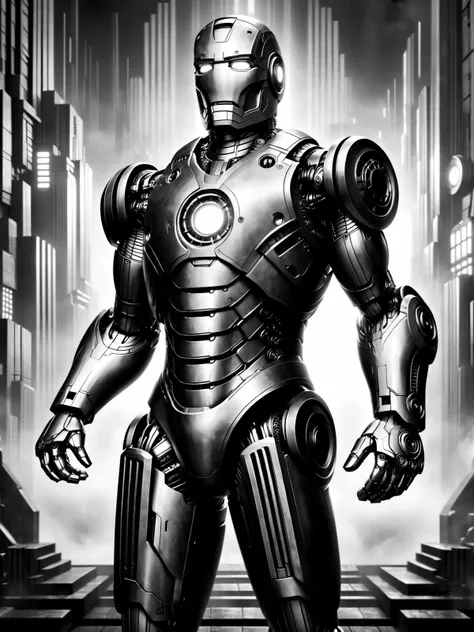 (ironman:1.2) fullbody, futuristic, art deco, expressionist, 1920s, black and white, <lora:Metropolis__Style_SDXL:1> mad-ropolis-moviera:EnvyBetterHiresFixXL01:1>, (masterpiece:1.2), best quality, (hyperdetailed, highest detailed:1.2), high resolution textures
