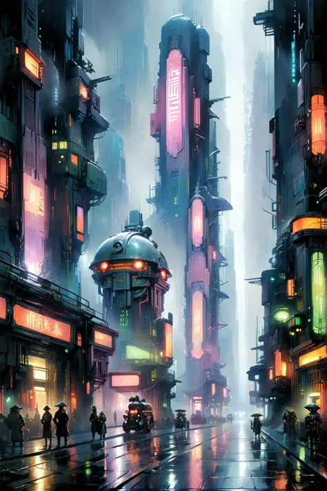 cyberpunk, scene, futuristic, art deco, expressionist, 1920s, fog, rain, neon lights <lora:Metropolis__Style_SDXL:0.6> mad-ropolis-moviea:John Berkey Style:1> John Berkey Style page <lora:xl_more_art-full_v1:1> <lora:Retro_Illustration:1> 2d game scene, oil and watercolor painting, <lora:EnvyBetterHiresFixXL01:1>, (masterpiece:1.2), best quality, (hyperdetailed, highest detailed:1.2), high resolution textures