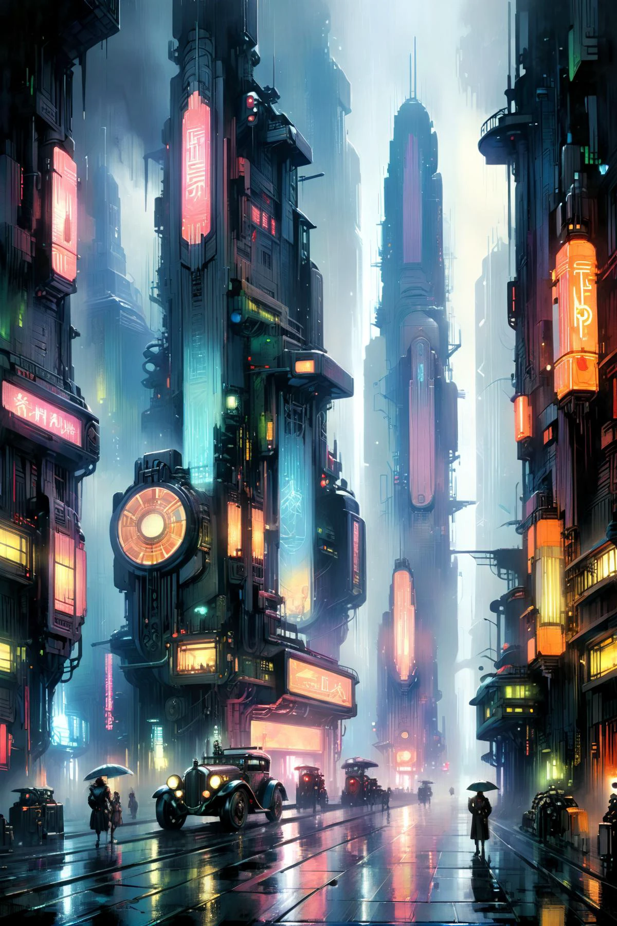cyberpunk, scene, futuristic, art deco, expressionist, 1920s, fog, rain, neon lights <lora:Metropolis_Movie_Style_SDXL:0.6> mad-ropolis-movie <lora:John Berkey Style:1> John Berkey Style page <lora:xl_more_art-full_v1:1> <lora:Retro_Illustration:1> 2d game scene, oil and watercolor painting, <lora:EnvyBetterHiresFixXL01:1>, (masterpiece:1.2), best quality, (hyperdetailed, highest detailed:1.2), high resolution textures
