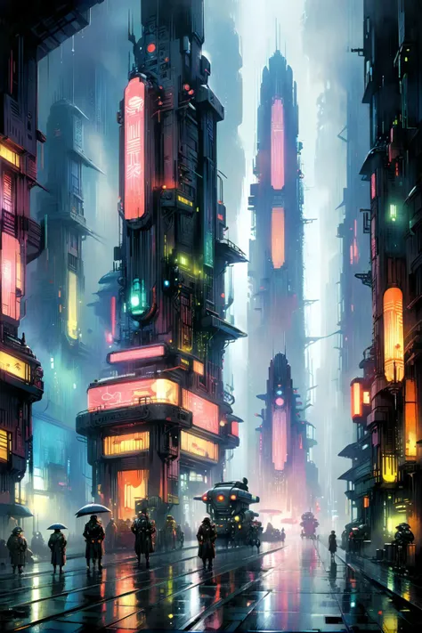 cyberpunk, scene, futuristic, art deco, expressionist, 1920s, fog, rain, neon lights <lora:Metropolis__Style_SDXL:0.6> mad-ropolis-moviea:John Berkey Style:1> John Berkey Style page <lora:xl_more_art-full_v1:1> <lora:Retro_Illustration:1> 2d game scene, oil and watercolor painting, <lora:EnvyBetterHiresFixXL01:1>, (masterpiece:1.2), best quality, (hyperdetailed, highest detailed:1.2), high resolution textures