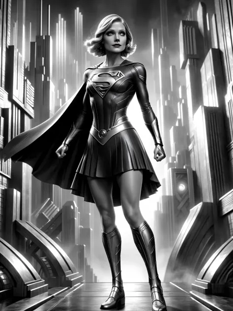 (supergirl:1.2) fullbody, dynamic action pose, futuristic, art deco, expressionist, 1920s, black and white, <lora:Metropolis__Style_SDXL:1> mad-ropolis-moviera:EnvyBetterHiresFixXL01:1>, (masterpiece:1.2), best quality, (hyperdetailed, highest detailed:1.2), high resolution textures