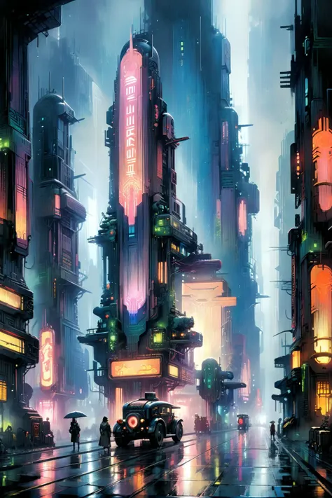 cyberpunk, scene, futuristic, art deco, expressionist, 1920s, fog, rain, neon lights <lora:Metropolis__Style_SDXL:0.6> mad-ropolis-moviea:John Berkey Style:1> John Berkey Style page <lora:xl_more_art-full_v1:1> <lora:Retro_Illustration:1> 2d game scene, oil and watercolor painting, <lora:EnvyBetterHiresFixXL01:1>, (masterpiece:1.2), best quality, (hyperdetailed, highest detailed:1.2), high resolution textures