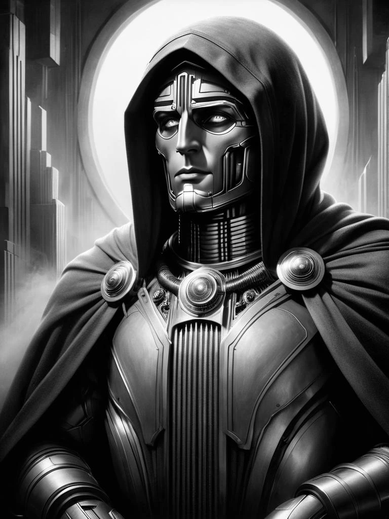 an ultrafine detailed painting, fantasy art of
dr doom
by Bastien L. Deharme,
<lora:Netropolis_Movie_Style_SDXL:0.9> mad-ropolis-movie, futuristic, art deco, expressionist, 1920s, black and white,
<lora:xl_more_art-full_v10.751>