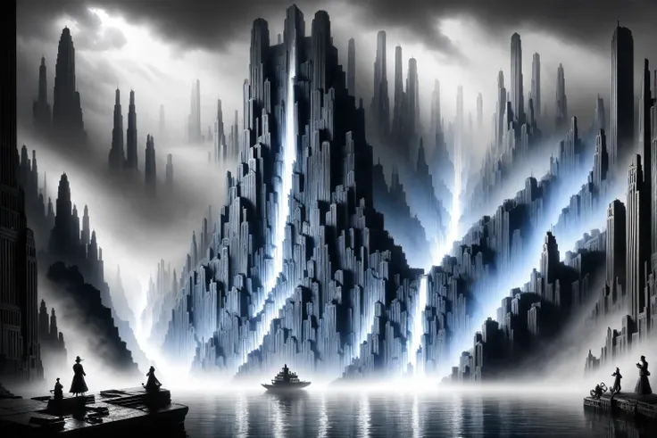 <lora:Metropolis_Movie_Style_SD1.5:0.85> mad-ropolis-movie, a misty river inside the Grand Canyou, ghostly figures, waterfall, blue scene