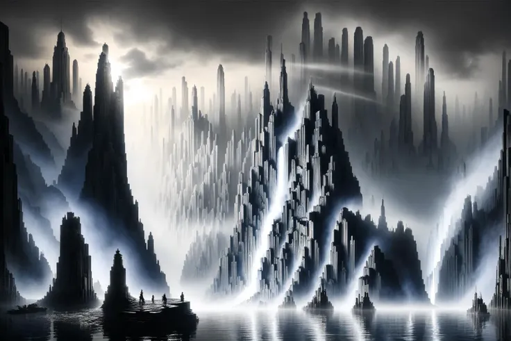 <lora:Metropolis_Movie_Style_SD1.5:0.85> mad-ropolis-movie, a misty river inside the Grand Canyou, ghostly figures, waterfall, blue scene