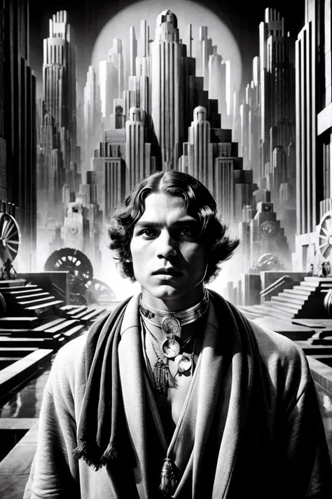 portrait of a native american man, <lora:Metropolis_Movie_Style_SD1.5:0.8> mad-ropolis-movie, black and white, expressionist, art deco, 1920s