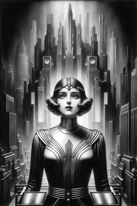 mad-ropolis-,android,futuristic,stylized,art deco,expressionist,1920s,black and white,(masterpiece:1.2),best quality,<lora:Metropolis_Moviee_SD1.5:0.8>,