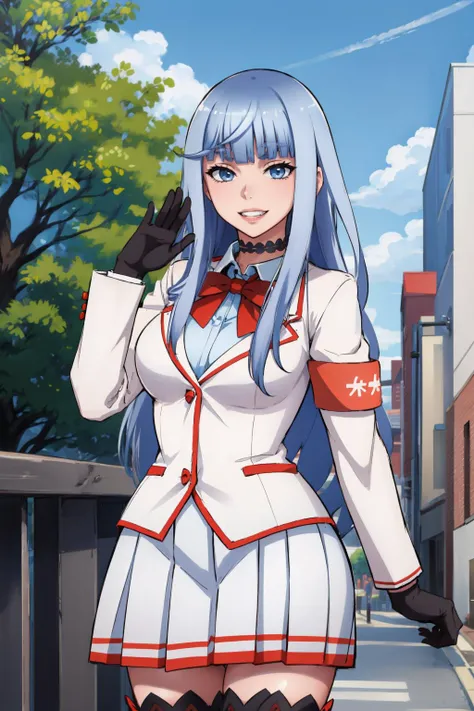 shikimori, slim legs, navel, short skirt, standing, beautiful eyes, blue eyes, happy, soldier uniform, pink hair, long hair, thigh high socks, office