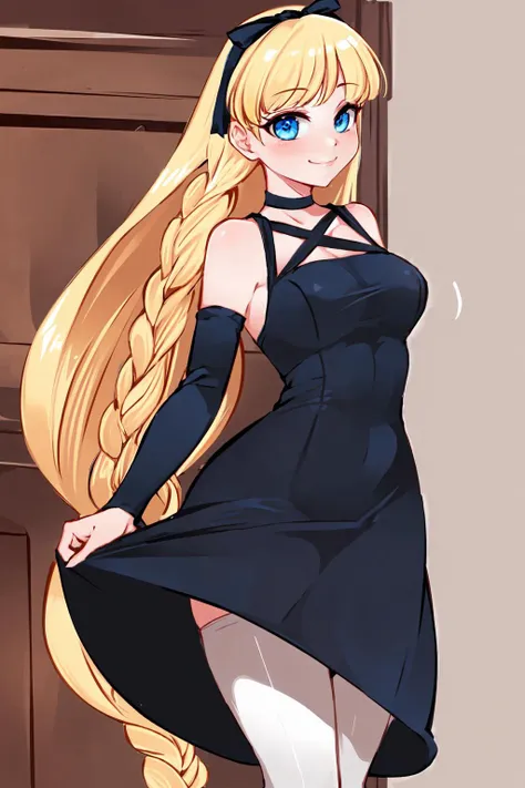<lora:chsrw_v1:0.6> chsrw, white and blue theme,, ultra detailed, masterpiece, best quality, aesthetic, detailed,, solo, soft smile, light smile,
1girl, blue eyes, very long hair, blonde hair, long blonde hair, french braid, bangs, medium breasts,, hair ribbon, frilled choker, criss-cross halter, sleeveless dress, high-waist skirt, backless dress, waist bow, detached sleeves, frilled sleeves, wide sleeves, pantyhose, patterned legwear, mary janes,