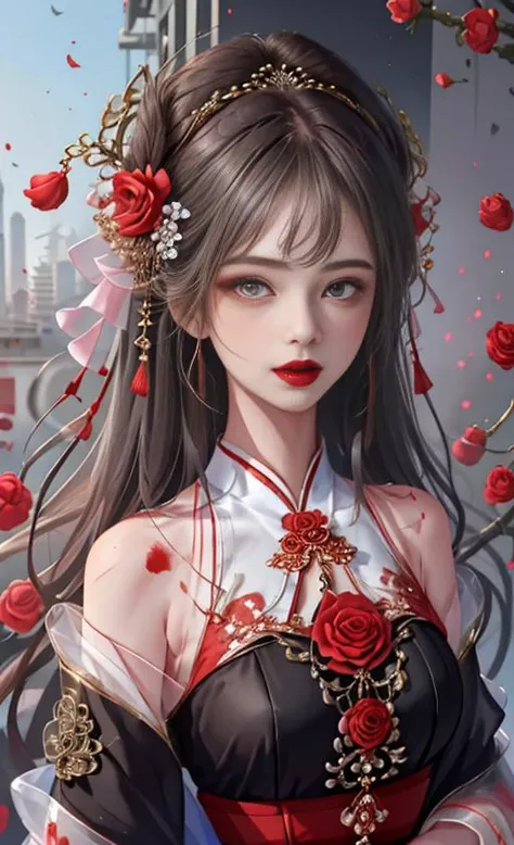 masterpiece, best quality,(1girl:1.5),,(Delicate face:1.2),1girl, flower, red_flower, solo, hair_ornament, tassel, gradient, red_lips, gradient_background, red_rose, lips, looking_at_viewer, breasts, upper_body, <lora:yifuEnd2:0.65>,white yifu, Walls covered in blood,(city background:1.5)