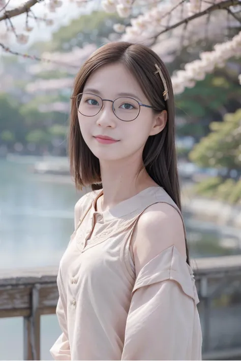 High school student, attractive figure, not revealing, short shoulder-length hair, wearing braces, round glasses, ((school uniform)), ((youthful, innocent expression)), ((casual posture)), realistic, photo-realistic, detailed face and eyes, ((bright, school setting)), ((confident yet modest)), ((on a bridge in a park)), ((cherry blossom trees)), ((cityscape in the background)),yifu,
((beautiful hands)) ,glasses, round eyewear,, (masterpiece:1. 0), (best quality:1. 3), (ultra highres:1. 2), (intricate details:1.3) ,(soft focus:1.4), (sharp focus:1. 4),(photorealistic:1.3), (detailed skin:1.2),hyper detail,beautiful detailed eyes,Raw photo,solo,1girl,