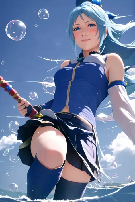 ff7r style,
aqua \(konosuba\), (very detailed background:1.5), outdoors, 1girl, blue eyes, blue hair, blue thighhighs, blush, boots, breasts, bubble, detached sleeves, hair ornament, hair rings, upper body, long hair, looking at viewer, medium breasts, single hair ring, skirt, smile, solo, thighhighs, very long hair, water, white thighhighs, kono subarashii sekai ni shukufuku wo!,
, ((masterpiece))
<lora:aqua_konosuba-000035:0.5>
<lora:ff7:0.7>