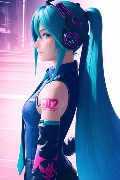 ff7r style, hatsune miku,
1girl, bare shoulders, blue eyes, blue hair, blue necktie, blush, breasts, closed mouth, detached sleeves, from side, headphones, long hair, long sleeves, looking at viewer, looking to the side, necktie, number tattoo, shirt, shoulder tattoo, small breasts, solo, tattoo, twintails, upper body, very long hair, white shirt, futuristic city
, ((masterpiece))
<lora:ff7:0.7>