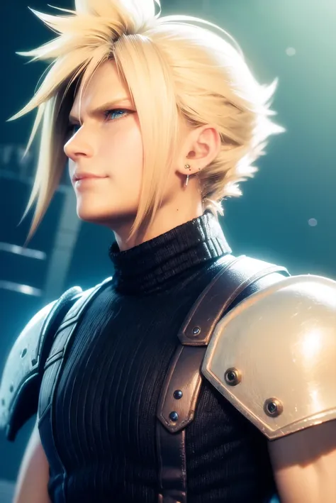 ff7r style,
1boy, male focus, solo, blonde hair, jewelry, earrings, sword, spiked hair, turtleneck, portrait, armor, upper body, blurry background, closed mouth, weapon on back, realistic, single earring
, ((masterpiece))
<lora:ff7:0.7>