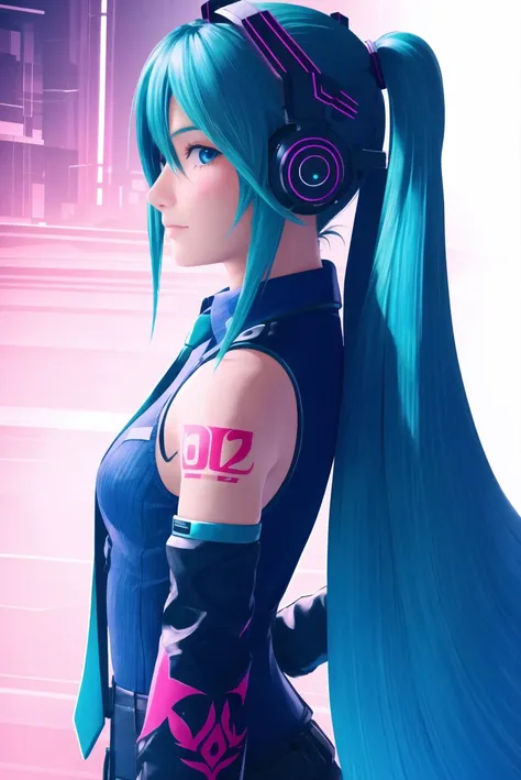 ff7r style, hatsune miku,
1girl, bare shoulders, blue eyes, blue hair, blue necktie, blush, breasts, closed mouth, detached sleeves, from side, headphones, long hair, long sleeves, looking at viewer, looking to the side, necktie, number tattoo, shirt, shoulder tattoo, small breasts, solo, tattoo, twintails, upper body, very long hair, white shirt, futuristic city
, ((masterpiece))
<lora:ff7:0.7>