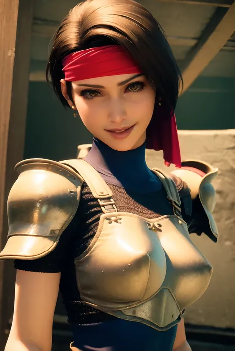 ff7r style,
1girl, solo, armor, jewelry, earrings, brown hair, shoulder armor, headband, brown eyes, red headband, looking at viewer, chainmail, lips, breastplate, upper body, pauldrons, bodysuit, realistic, boobplate, short hair, smile, braid
, ((masterpiece))
<lora:ff7:0.7>