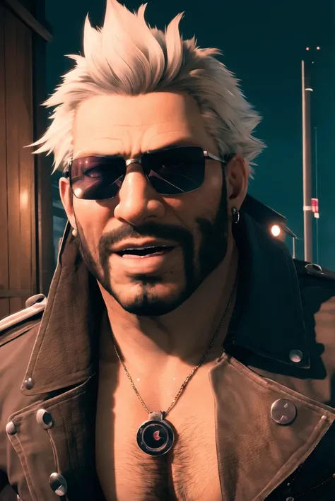 ff7r style,
1boy, male focus, dog tags, weapon, gloves, gun, jacket, dark-skinned male, dark skin, facial hair, night, beard, open mouth, sunglasses, portrait,
, ((masterpiece))
<lora:ff7:0.7>