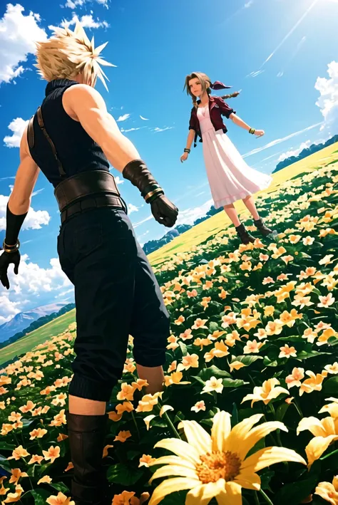 ff7r style,
1girl, flower, 1boy, blonde hair, red jacket, dress, cropped jacket, pink dress, armor, jacket, brown hair, long dress, sleeveless turtleneck, shoulder armor, braid, turtleneck, boots, yellow flower, suspenders, ribbon, sleeveless, long hair, spiked hair, braided ponytail, hair ribbon, bracelet, gloves, white flower, standing, green eyes, short sleeves
, ((masterpiece))
<lora:ff7:0.7>