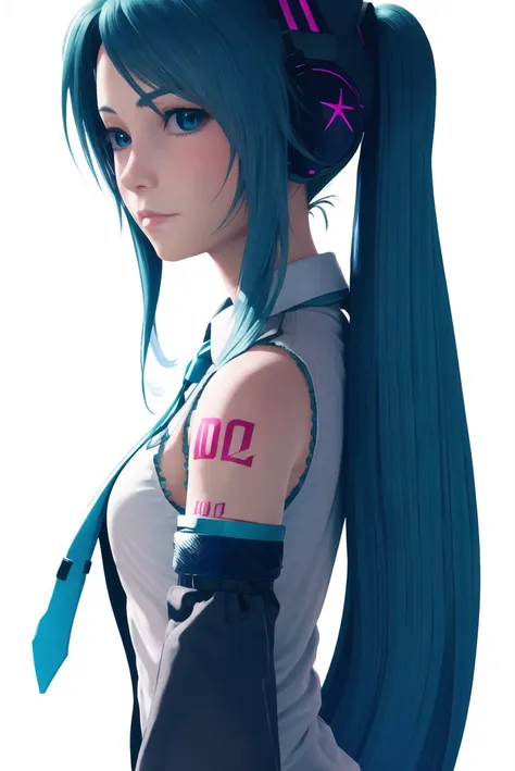 ff7r style, hatsune miku,
1girl, bare shoulders, blue eyes, blue hair, blue necktie, blush, breasts, closed mouth, detached sleeves, from side, headphones, long hair, long sleeves, looking at viewer, looking to the side, necktie, number tattoo, shirt, shoulder tattoo, simple background, small breasts, solo, tattoo, twintails, upper body, very long hair, white background, white shirt
, ((masterpiece))
<lora:ff7:0.7>