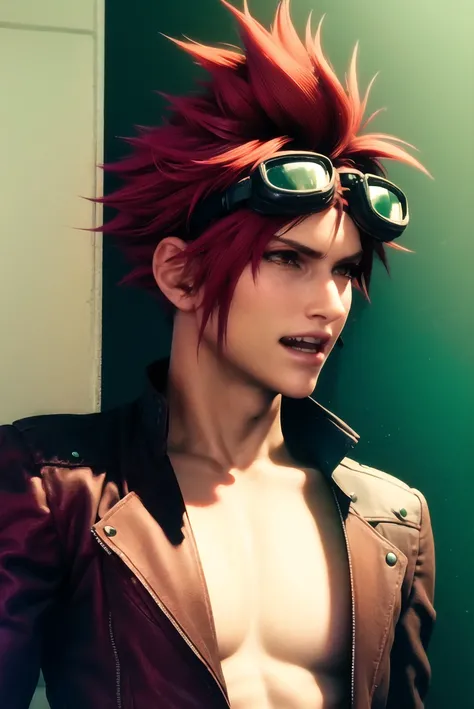ff7r style,
goggles on head, male focus, goggles, 1boy, solo, red hair, teeth, collarbone, brown eyes, shirt, short hair, upper body, spiked hair, jacket, looking to the side
, ((masterpiece))
<lora:ff7:0.7>