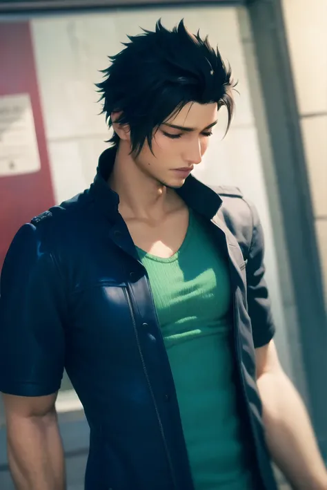 ff7r style,
1boy, male focus, black hair, jacket, solo, closed eyes, blurry background, shirt, short hair, stubble, blurry, upper body, red shirt
, ((masterpiece))
<lora:ff7:0.7>