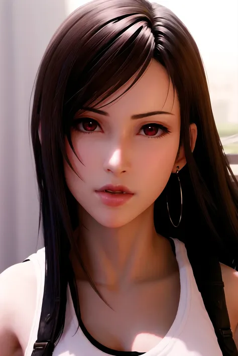 ff7r style, 

1girl, solo, long hair, earrings, jewelry, red eyes, black hair, looking at viewer, realistic, blurry, parted lips, blurry background, tank top, swept bangs, lips, portrait, suspenders, bare shoulders, brown eyes, bangs

, ((masterpiece))
<lora:ff7:0.7>