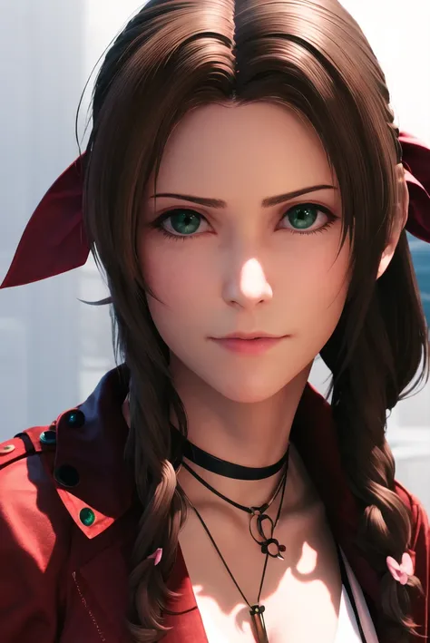 ff7r style,
1girl, solo, realistic, green eyes, brown hair, long hair, blurry, looking at viewer, red jacket, jewelry, blurry background, necklace, choker, jacket, portrait, lips, ribbon, hair ribbon, bow, nose, closed mouth
, ((masterpiece))
<lora:ff7:0.7>