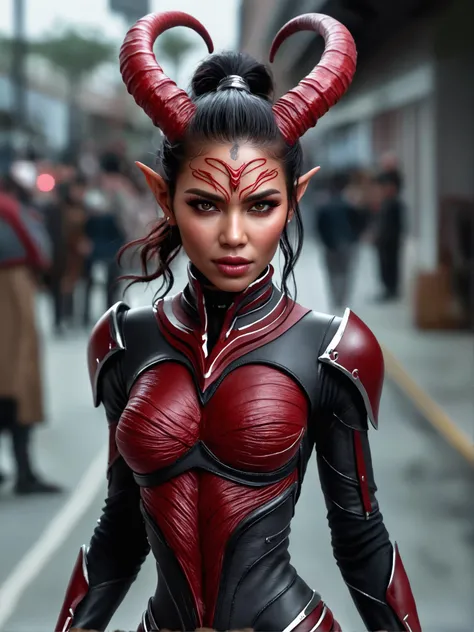 Long exposure photo of a tiefling_demon_woman, 20 years old, awardwinning, amazing details, best quality, ((red skin color)) . Blurred motion, streaks of light, surreal, dreamy, ghosting effect, highly detailed, detailed, realistic, 8k uhd, high quality
