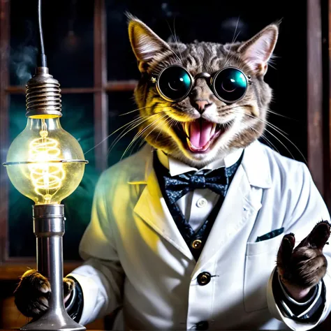 old evil scientist, (((cat))), psycho, laughing, science coat, dark experiments, electricity sparks, victorian, dark science lab, steampunk sun glasses, dark atmosphere, Homunculus