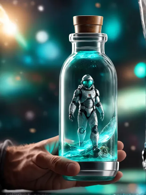closeup photo of cyberpunk ships captain holding a bottle with a teal (galaxy inside the bottle:1.1), award winning, amazing details, best quality . Blurred motion, streaks of light, surreal, dreamy, ghosting effect, highly detailed, detailed, realistic, 8k uhd, high quality, film grain, bokeh