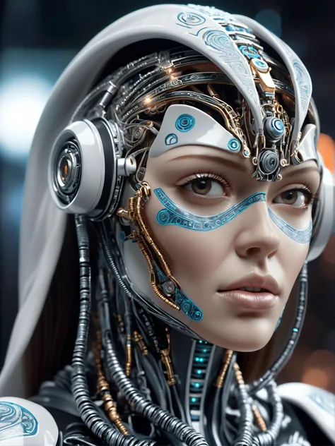 closeup photo of cloaked ceramic female cyborg with visible circuitry., award winning, amazing details, best quality . Blurred motion, streaks of light, surreal, dreamy, ghosting effect, highly detailed, detailed, realistic, 8k uhd, high quality, film grain, bokeh, H.R. Giger