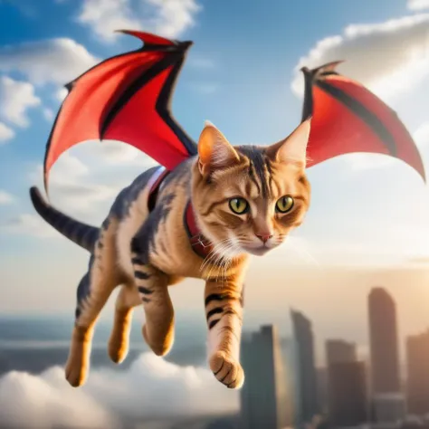 photo of flying cat, dragon wings, super hero