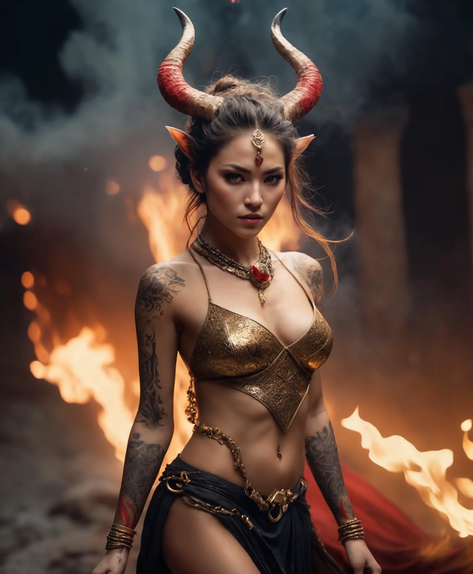 a (tiefling demon woman) wearing tattered multiple stitched layer gold and white fabric with intricate pattern and scarf, 18 years old with (red tribal body tattoos and scars), full body, action, motion, posing, (fire, flames, sparks:2.0), castle, dungeon, ceremony, ritual, award winning photo by Zena Holloway, amazing details, best quality, Blurred motion, streaks of light, moonlight, surreal, dreamy, ghosting effect, highly detailed, detailed, realistic, 8k uhd, high quality, flowing, billow, Canon50, leica sl250, cinematic lighting, ambient lighting, cinematography,