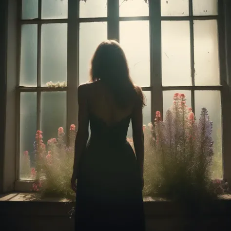 photo of pretty woman dark mysterious silhouette in front of large broken window filled with wild flowers, vintage, desaturated, film grain, found footage, haunted house, spooky