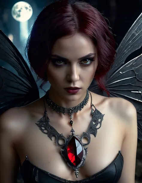 Horror-themed (((Corrupted dark fairy daemon with ((small broken dark fairy wings))))),(two-tone dark red hair),(bobcut),solo focus,(depth of field, ambient lighting, blurry foreground, blurry background:1.3),(Catacombs:1.3),(small diadem made of black pearls),(silver moon necklace),(full body:1.2),pointed ears,pose,full body,masterpiece,best quality,(Film Photography:1.3),Photorealistic,Hyperrealistic,Hyperdetailed,analog style,soft lighting,subsurface scattering,realistic,heavy shadow,masterpiece,best quality,ultra realistic,8k,golden ratio,Intricate,High Detail,film photography,soft focus,dark fantasy,snake at background,satanic tattoo . Eerie, unsettling, dark, spooky, suspenseful, grim, highly detailed