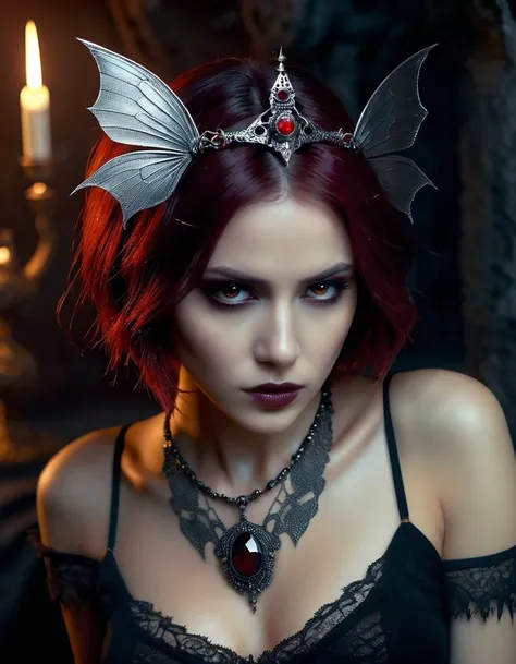 Horror-themed (((Corrupted dark fairy daemon with ((small broken dark fairy wings))))),(two-tone dark red hair),(bobcut),solo focus,(depth of field, ambient lighting, blurry foreground, blurry background:1.3),(Catacombs:1.3),(small diadem made of black pearls),(silver moon necklace),(full body:1.2),pointed ears,pose,full body,masterpiece,best quality,(Film Photography:1.3),Photorealistic,Hyperrealistic,Hyperdetailed,analog style,soft lighting,subsurface scattering,realistic,heavy shadow,masterpiece,best quality,ultra realistic,8k,golden ratio,Intricate,High Detail,film photography,soft focus,dark fantasy,snake at background,satanic tattoo . Eerie, unsettling, dark, spooky, suspenseful, grim, highly detailed